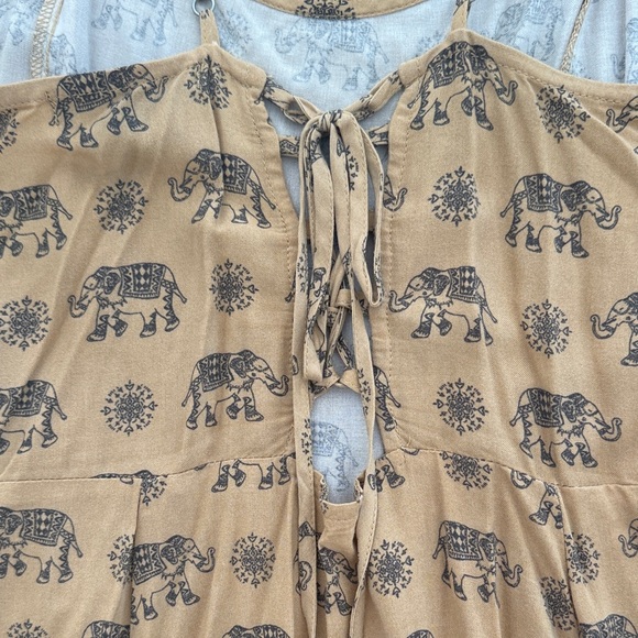 Forever 21 Mustard Yellow Elephant Print Mini Dress M Lace Up Back - Picture 6 of 7